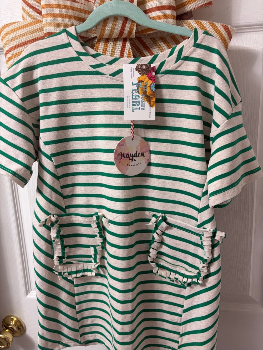 Hayden Green & Cream Striped Short Sleeve Kids Tee Dress with Fringe Pockets